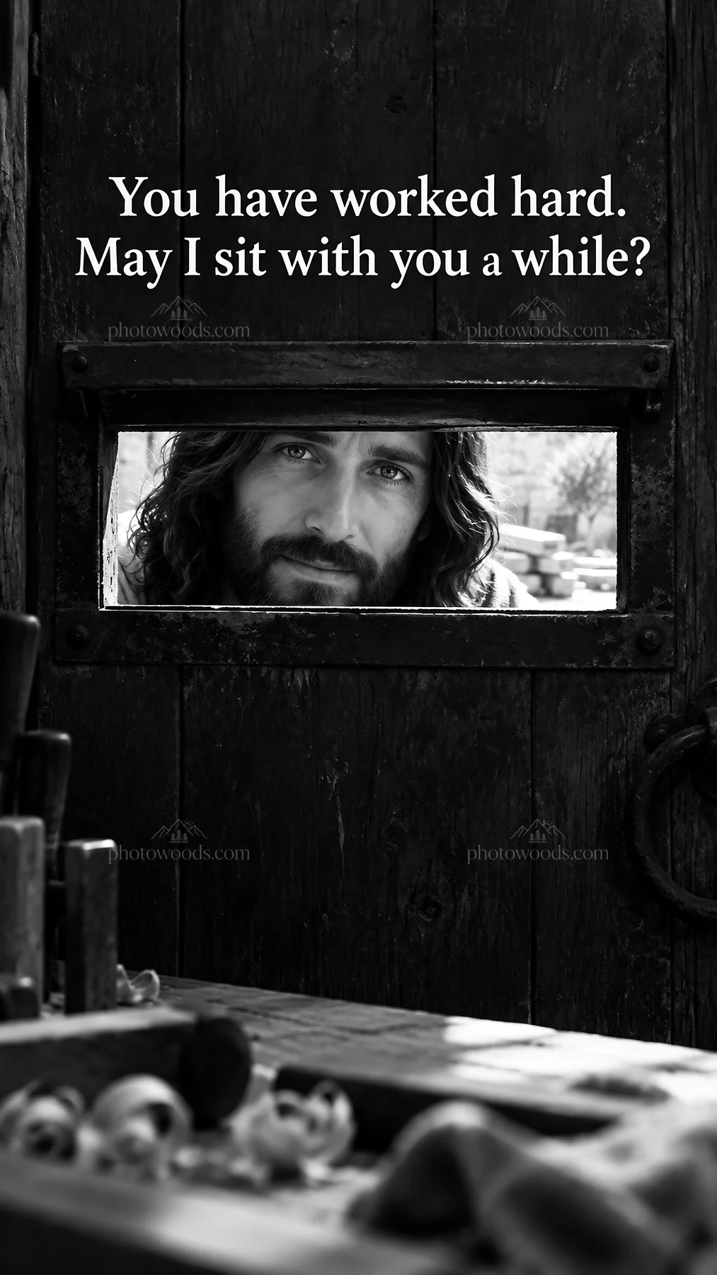 Jesus Christ inviting a weary worker to sit and rest - AI-generated stock image