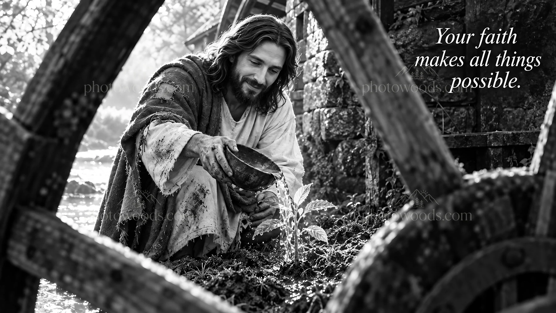 Jesus Christ planting seeds by a waterwheel in a garden - AI-generated stock image
