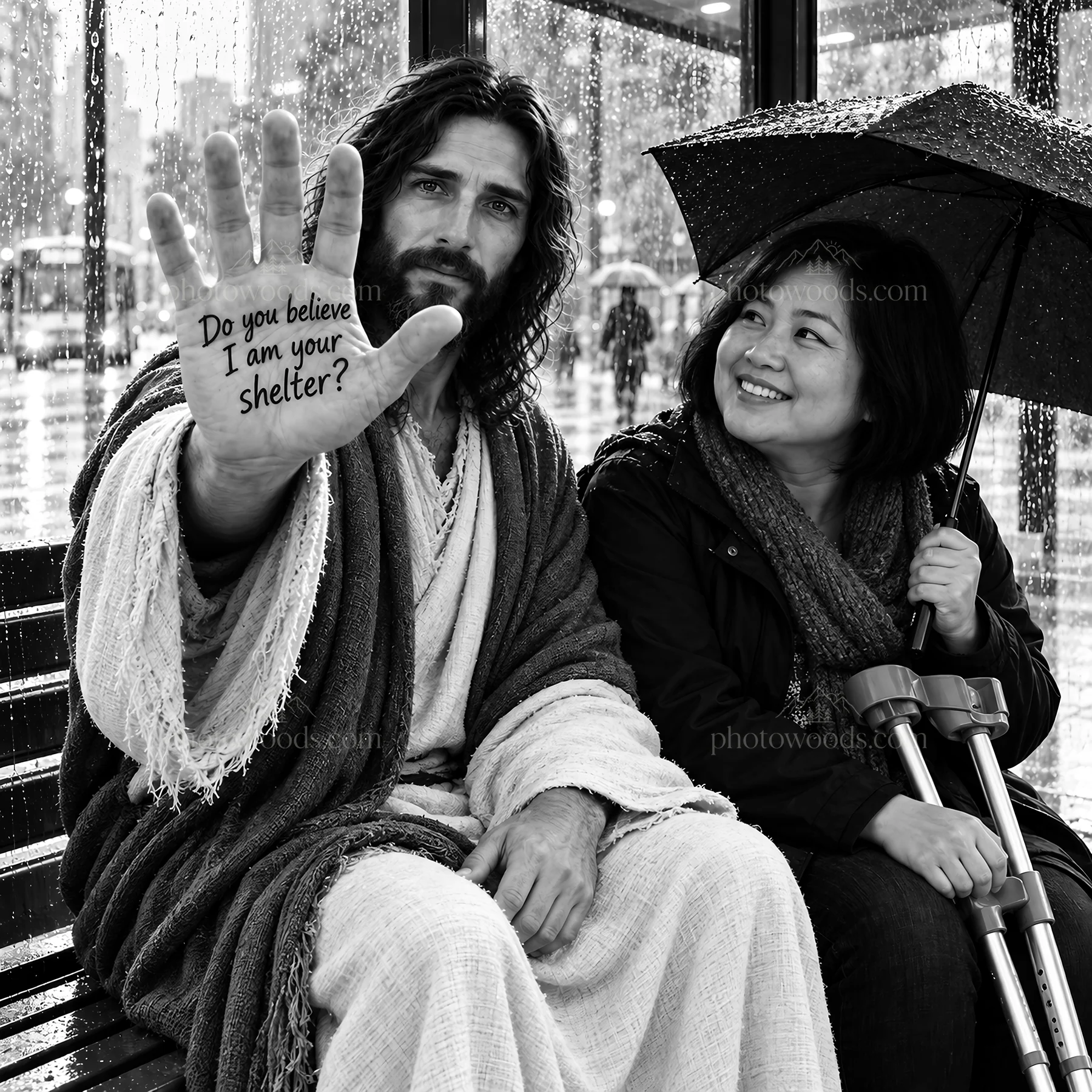 Jesus Christ offering comfort in a city setting - AI-generated stock image