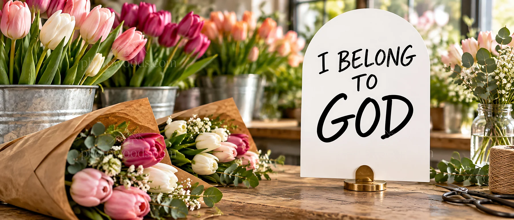 Jesus Christ in a garden with flowers and a message of faith - AI-generated stock image