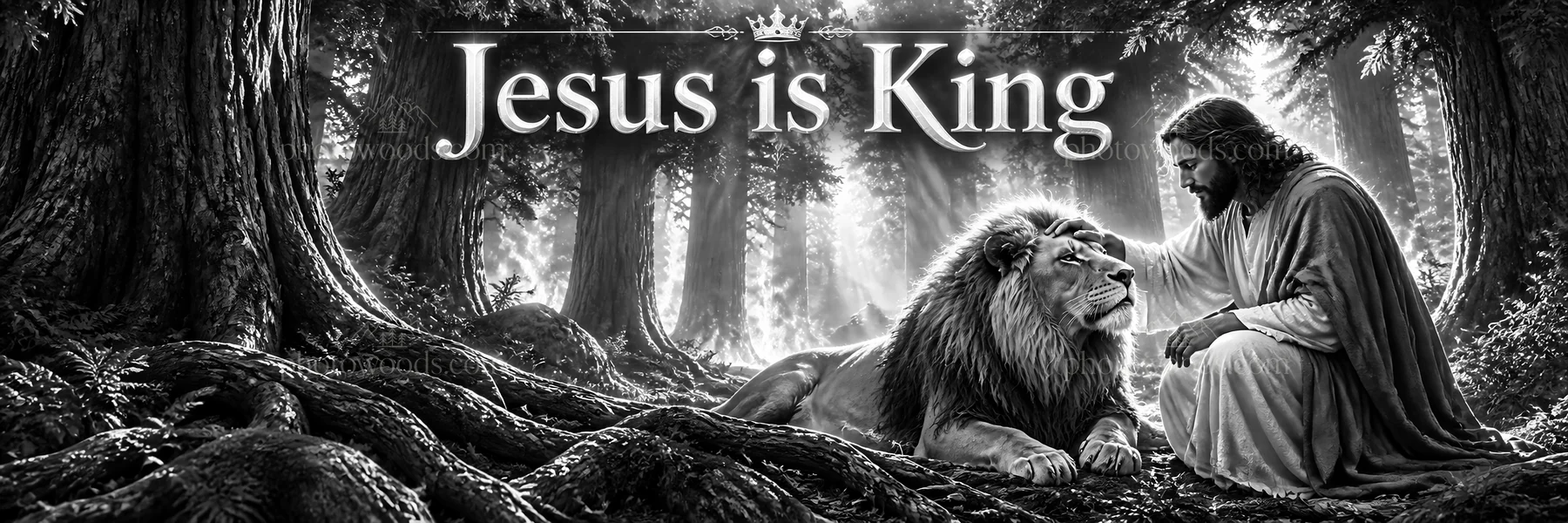 Jesus Christ comforts a lion in a forest setting - AI-generated stock image