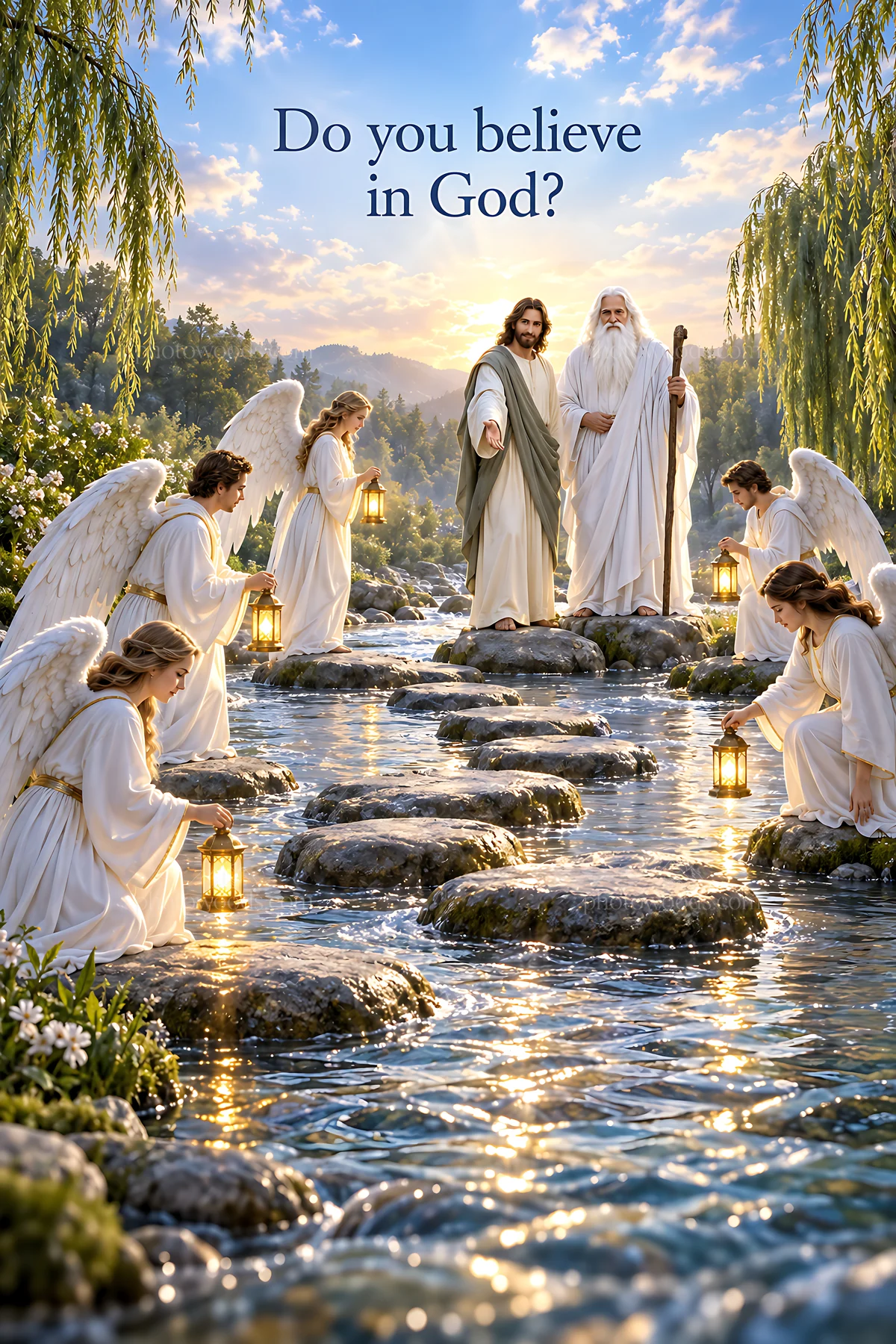 River crossing scene with figures and angels by the water - AI-generated stock image