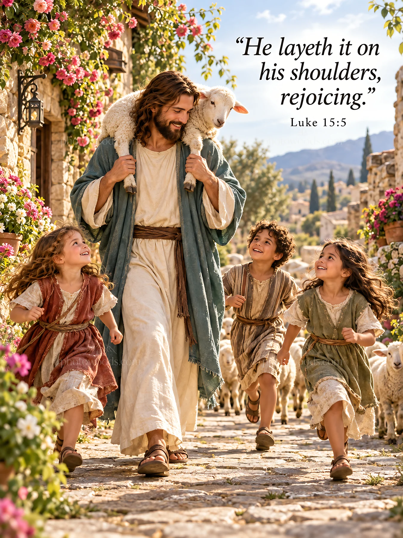 Jesus Christ carries a sheep while children run alongside - AI-generated stock image