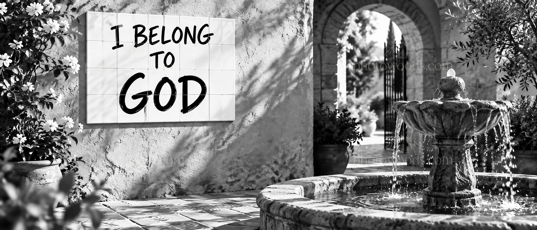 Jesus Christ welcomes believers near a fountain - AI-generated stock image