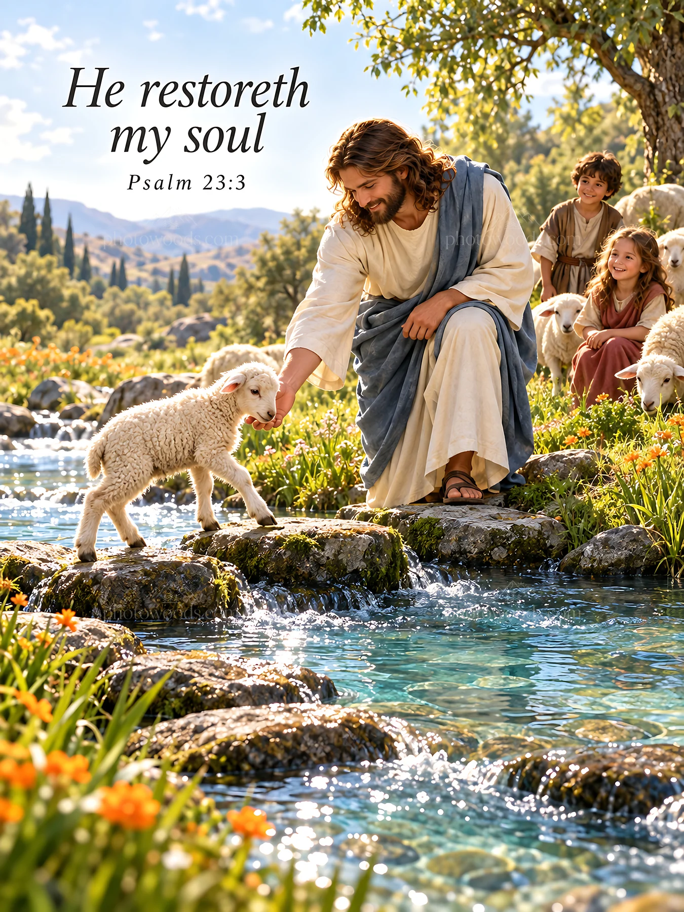 Jesus Christ restores my soul by the tranquil water - AI-generated stock image