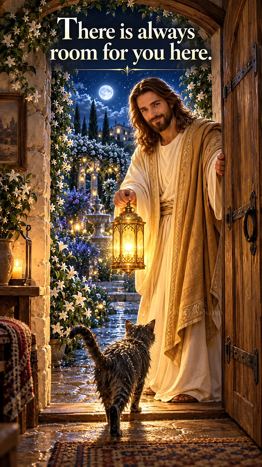 Jesus Christ welcomes with light and warmth at the door - AI-generated stock image