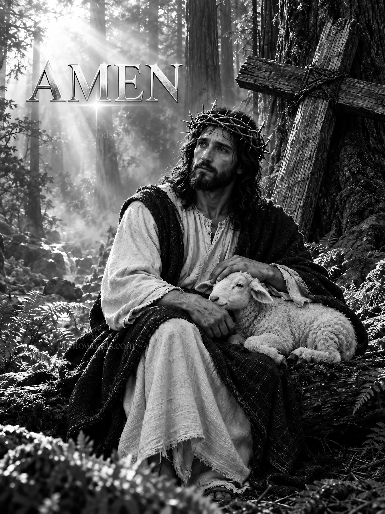 Jesus Christ in a forest with a sheep in a moment of comfort - AI-generated stock image