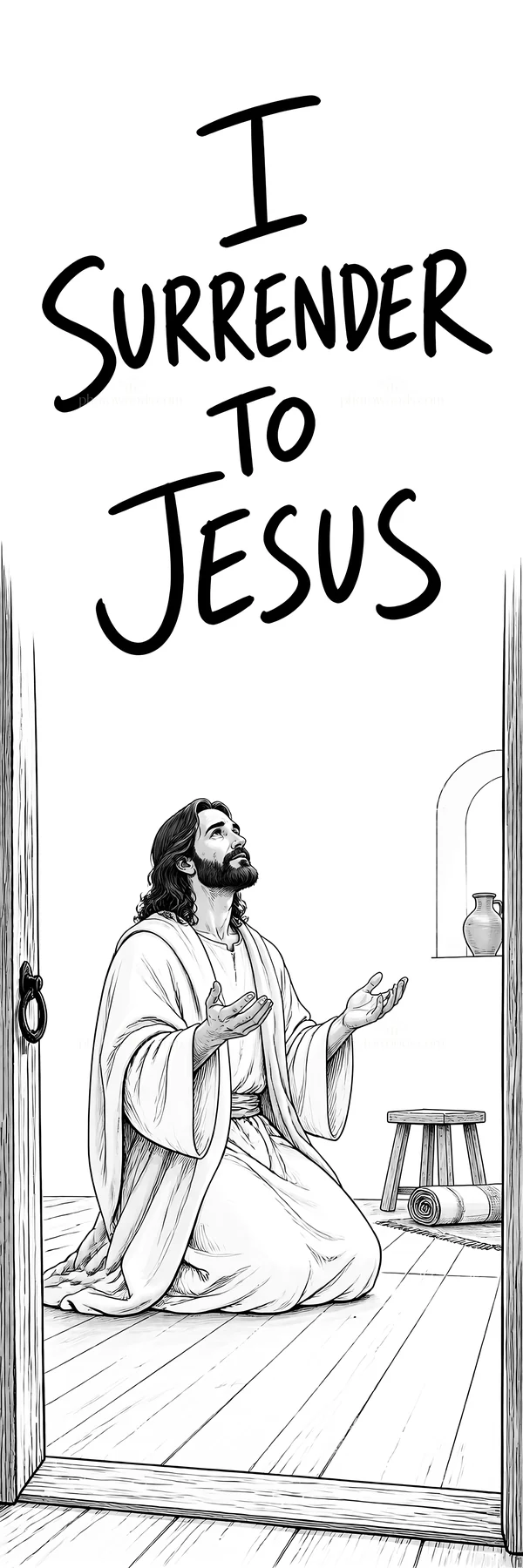 Jesus Christ in surrendering prayer - AI-generated stock image