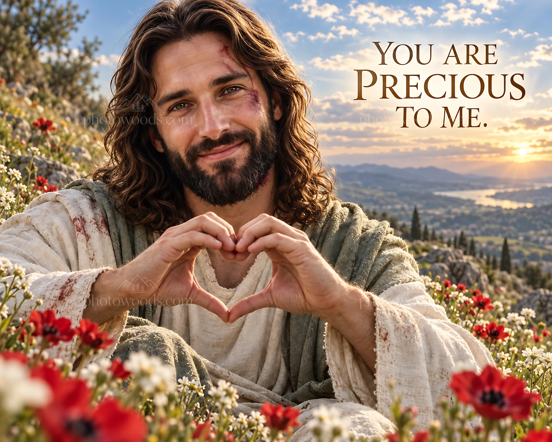 Jesus Christ making a heart shape with his hands in nature - AI-generated stock image