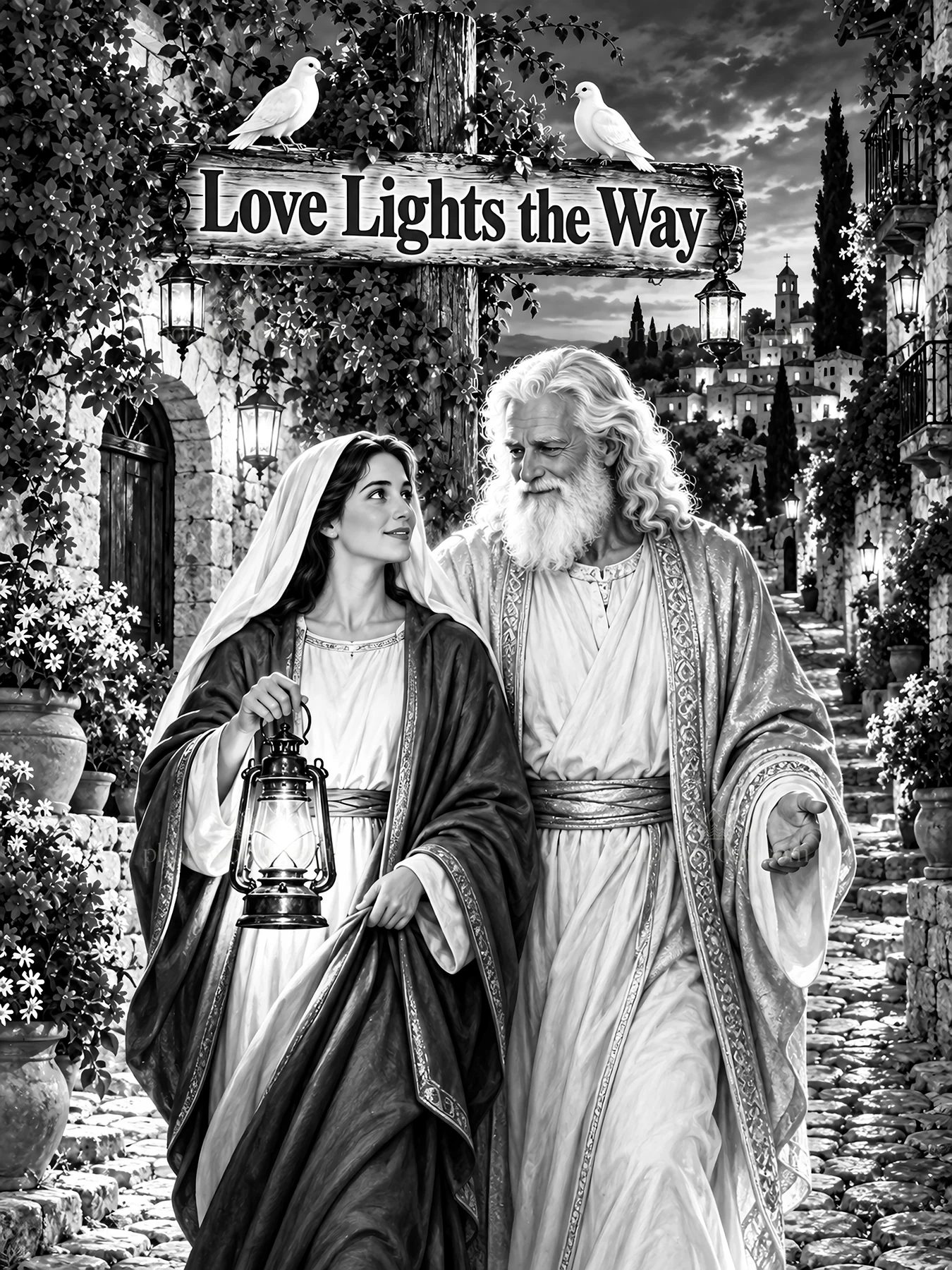 Jesus Christ walking with a woman holding a lantern - AI-generated stock image