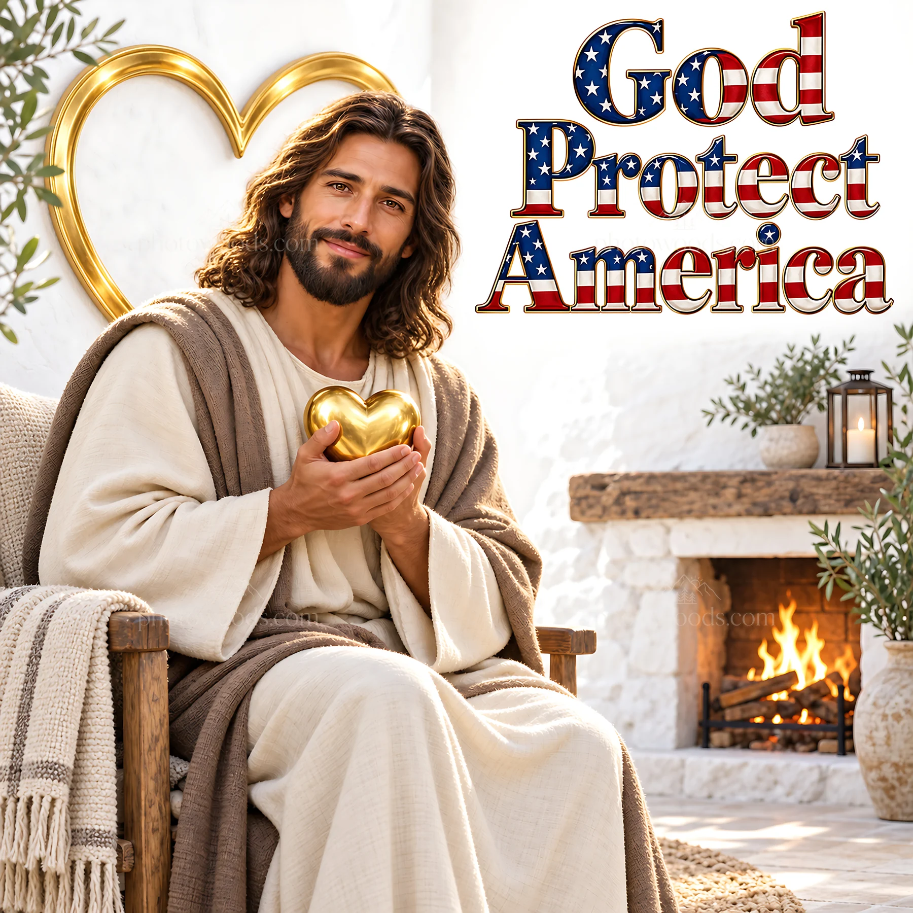 Jesus Christ holds a heart while seated in a welcoming space - AI-generated stock image