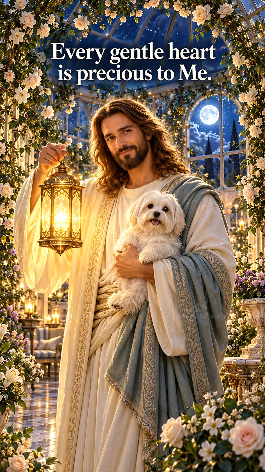 Jesus Christ holding a lantern with a small dog in a garden - AI-generated stock image