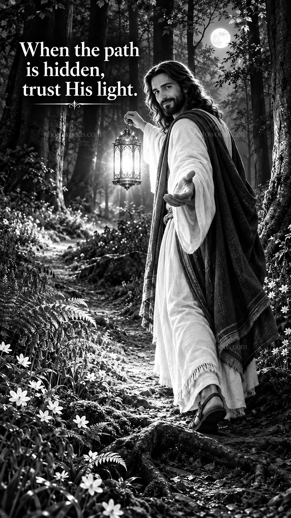 Jesus Christ walking with lantern through a forest path - AI-generated stock image