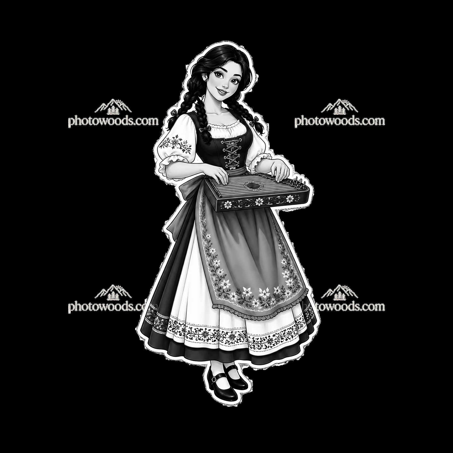 Woman playing a traditional instrument in folk dress - AI-generated stock image
