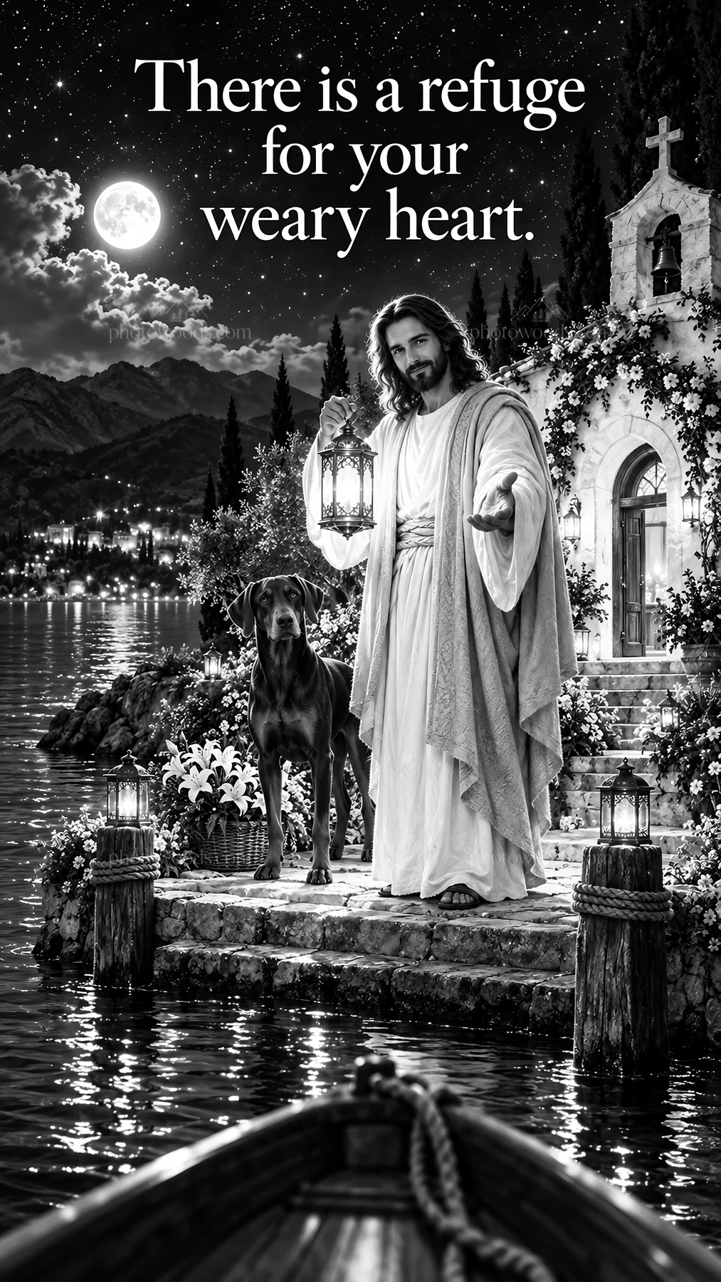 Jesus Christ offers comfort to a weary heart by the lake - AI-generated stock image