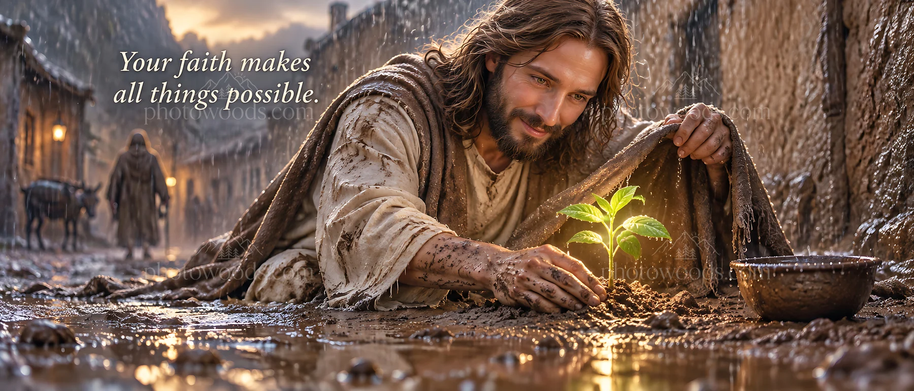 Jesus Christ nurturing a new plant in a humble setting - AI-generated stock image