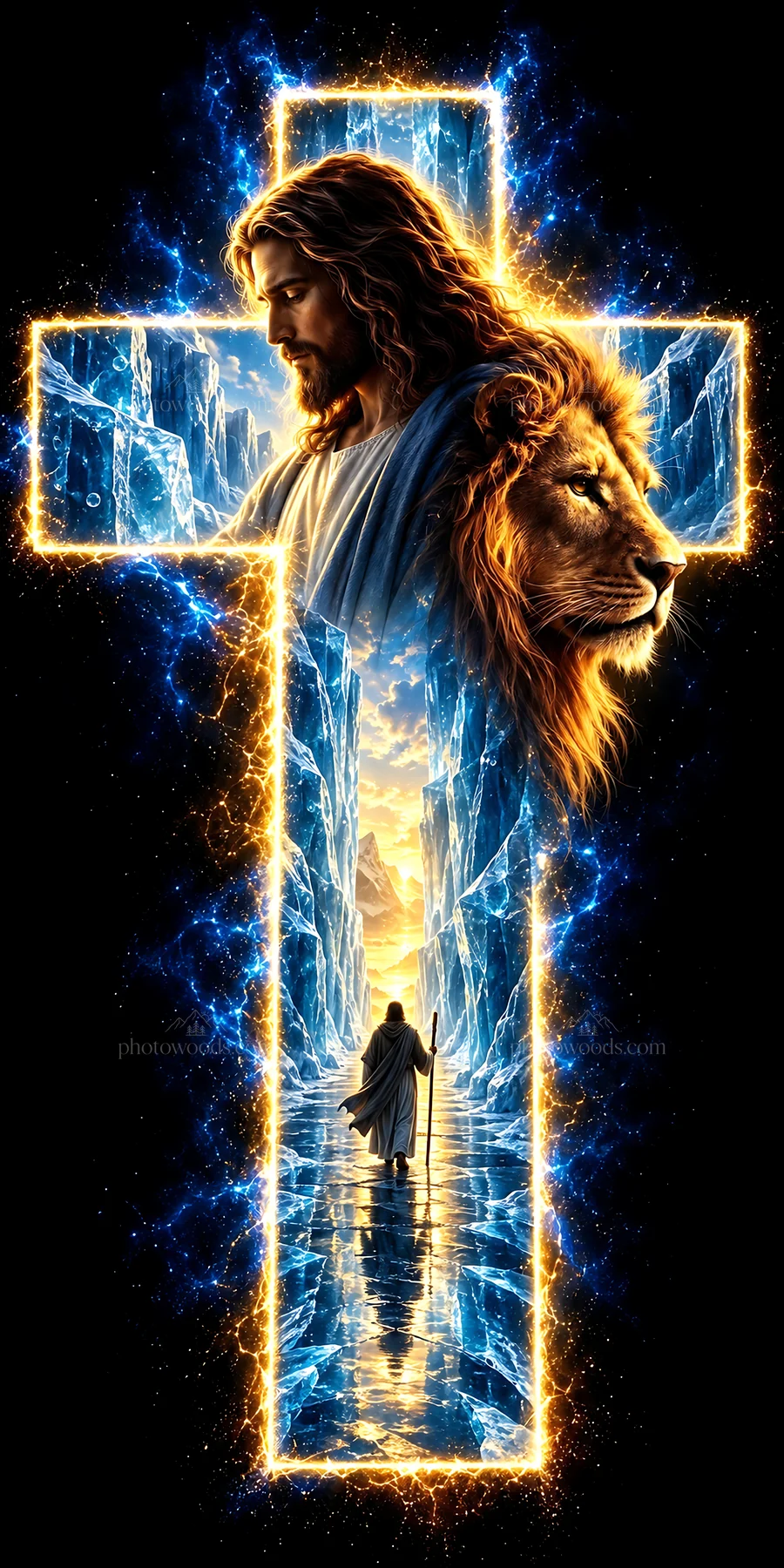 Jesus Christ in a cross with a lion and a mystical landscape - AI-generated stock image