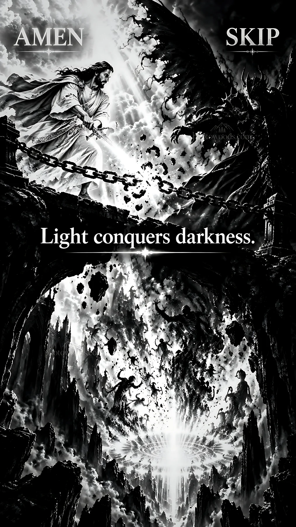 Jesus Christ defeating darkness with light - AI-generated stock image