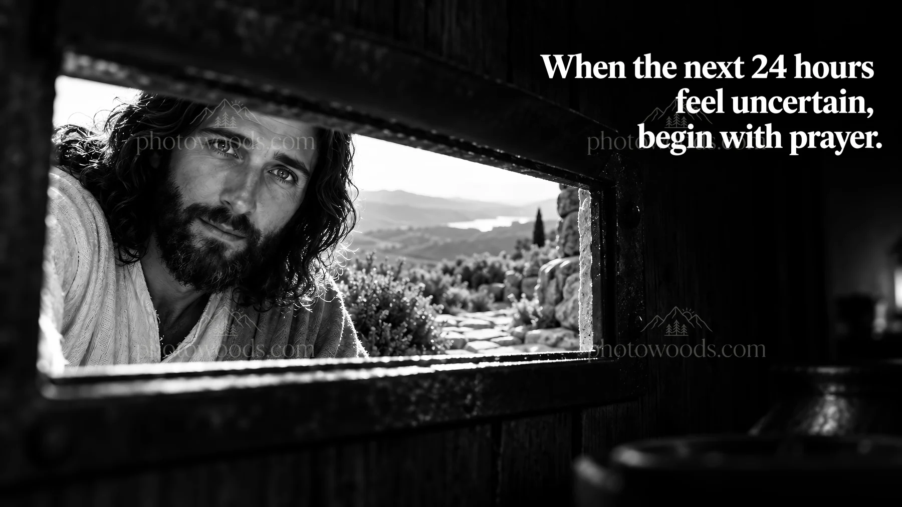 Jesus Christ looks out from a window offering comfort - AI-generated stock image