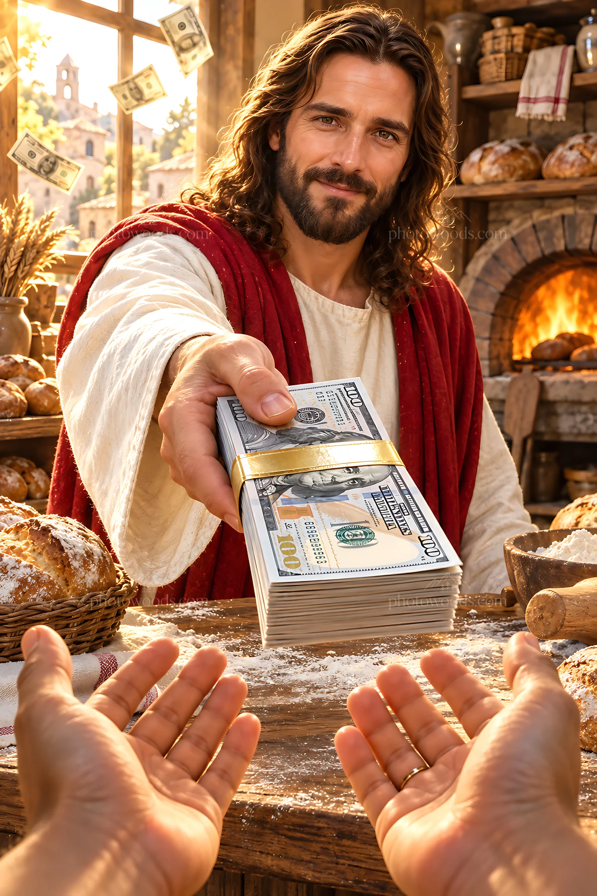 Bread and generosity in a bakery setting - AI-generated stock image