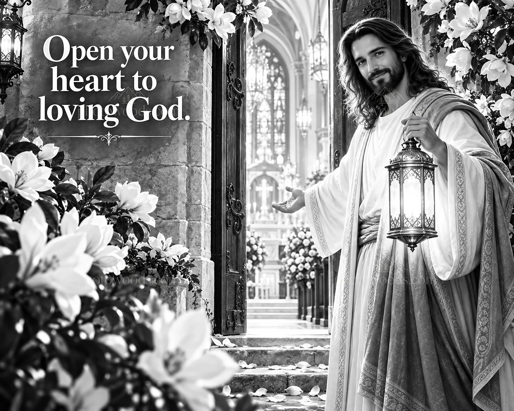 Jesus Christ welcoming worshippers in a church setting - AI-generated stock image