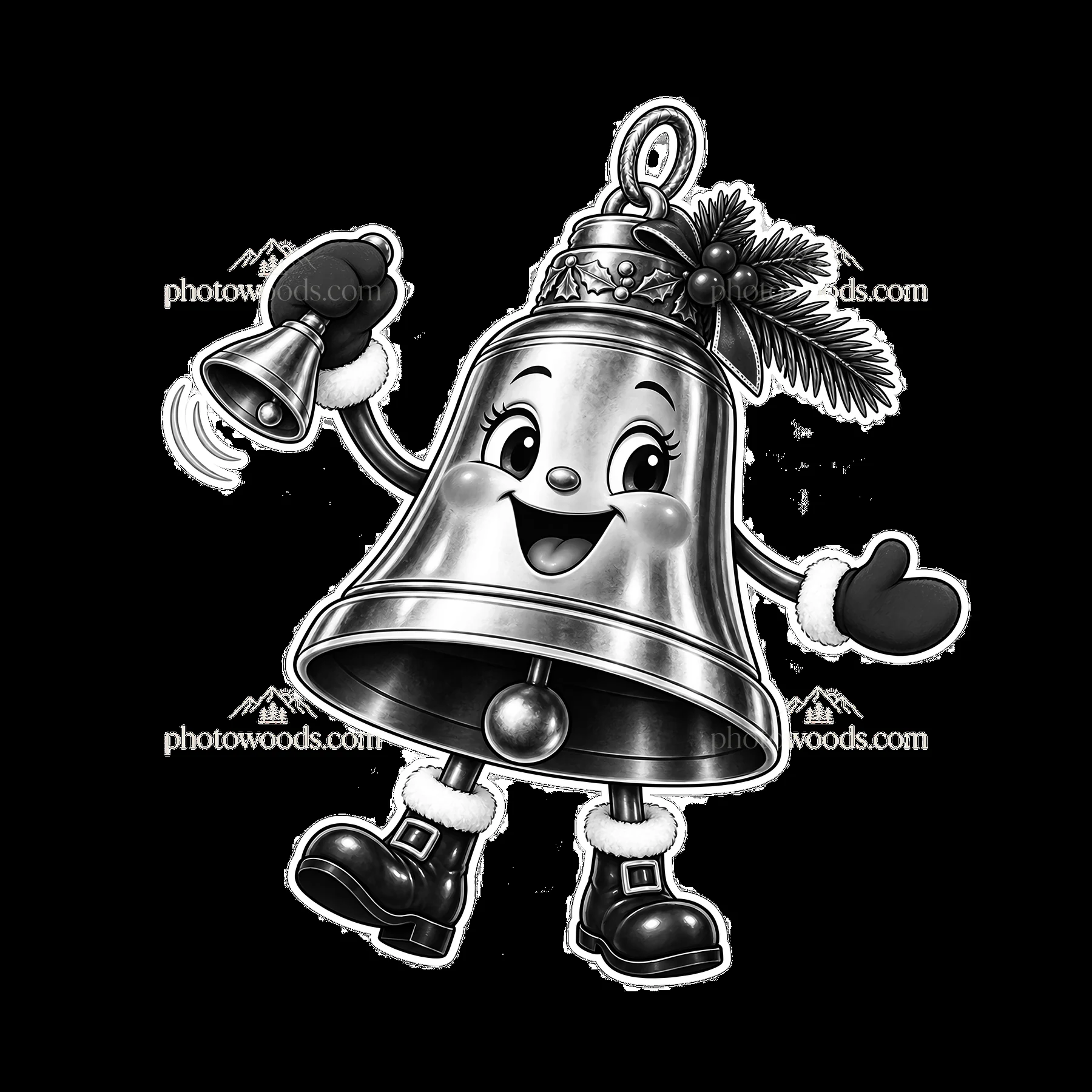 Cartoon bell character with a smile and Christmas decorations - AI-generated stock image