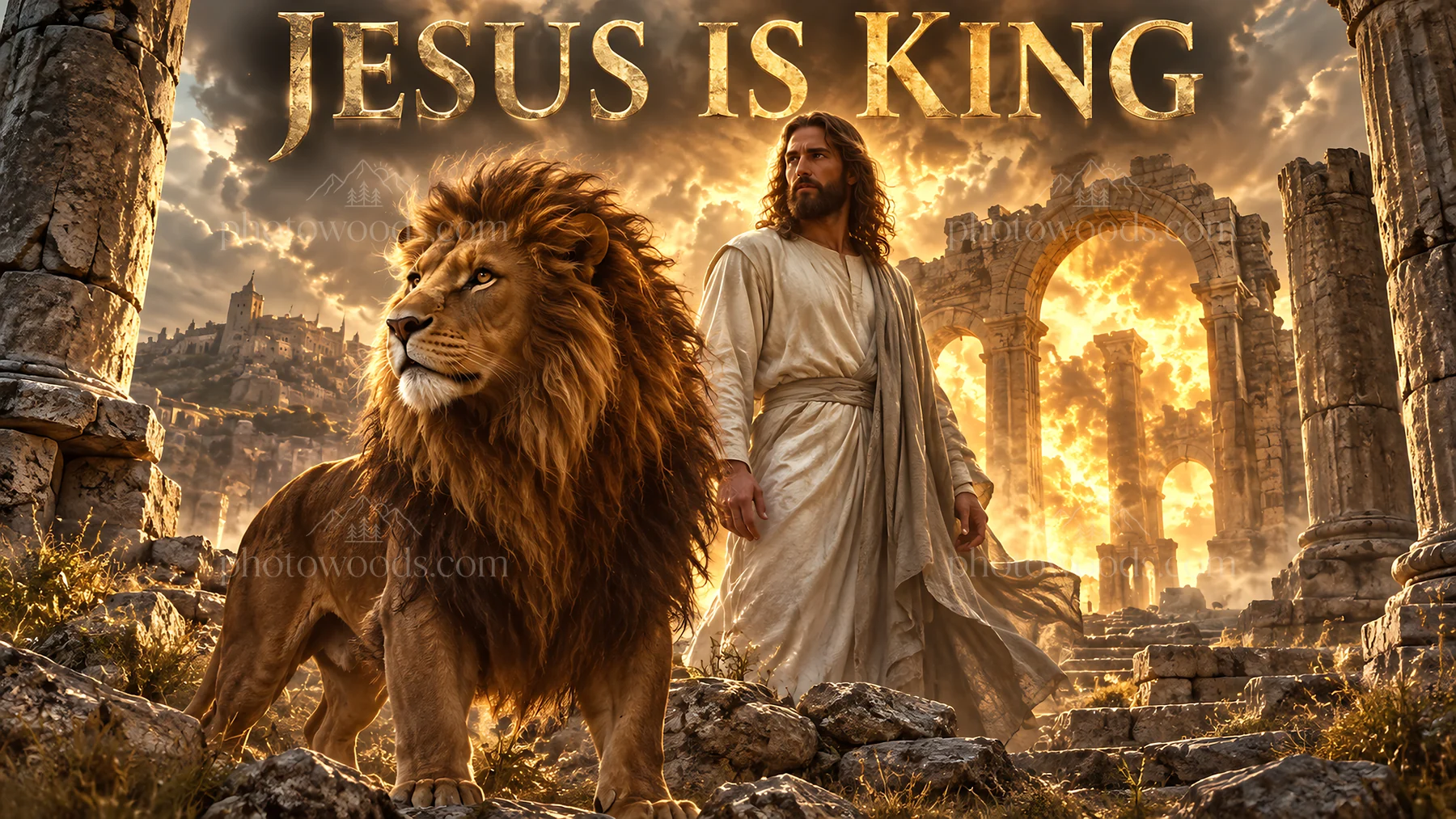 Jesus Christ stands before a lion in a majestic setting - AI-generated stock image