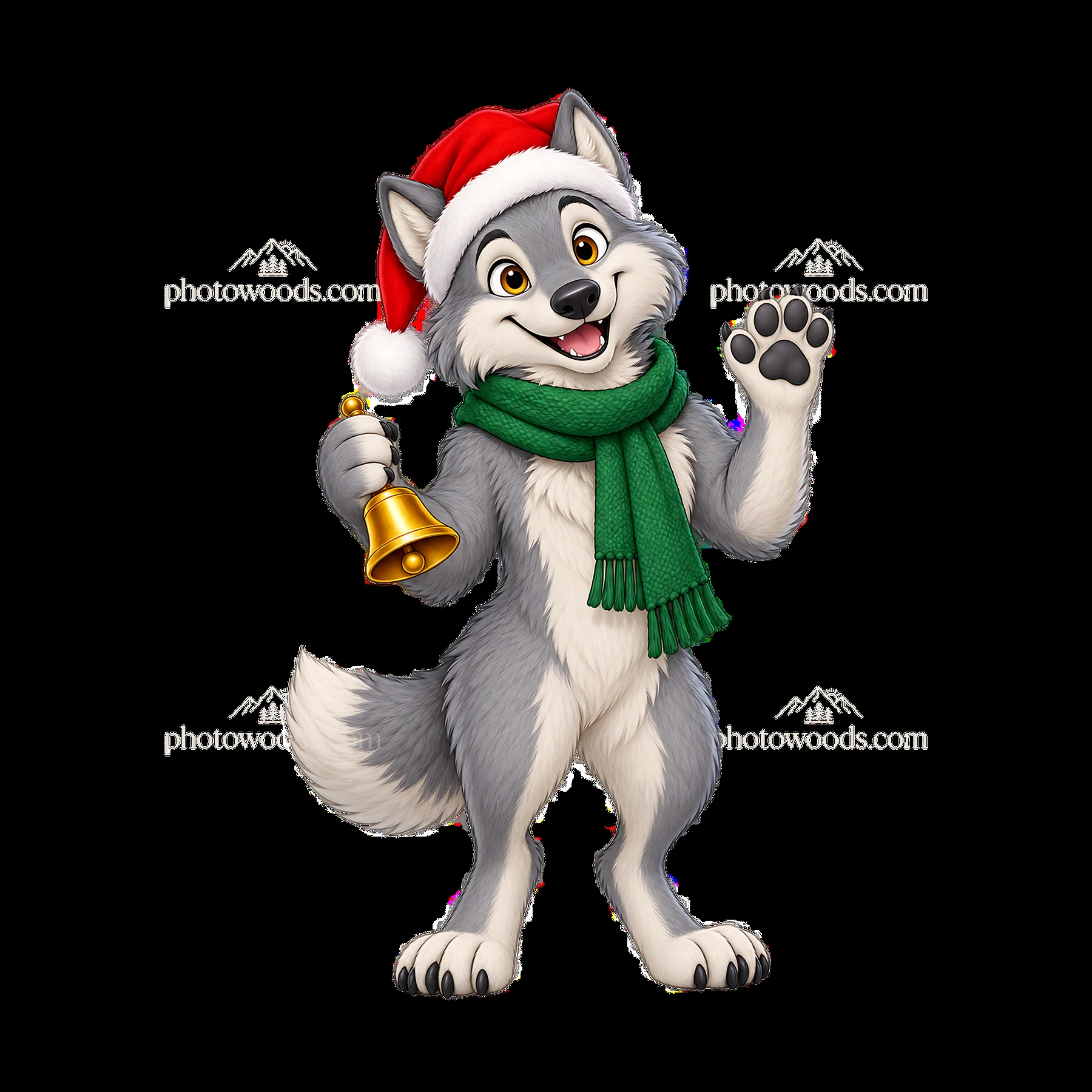 Christmas wolf character with bell and Santa hat - AI-generated stock image