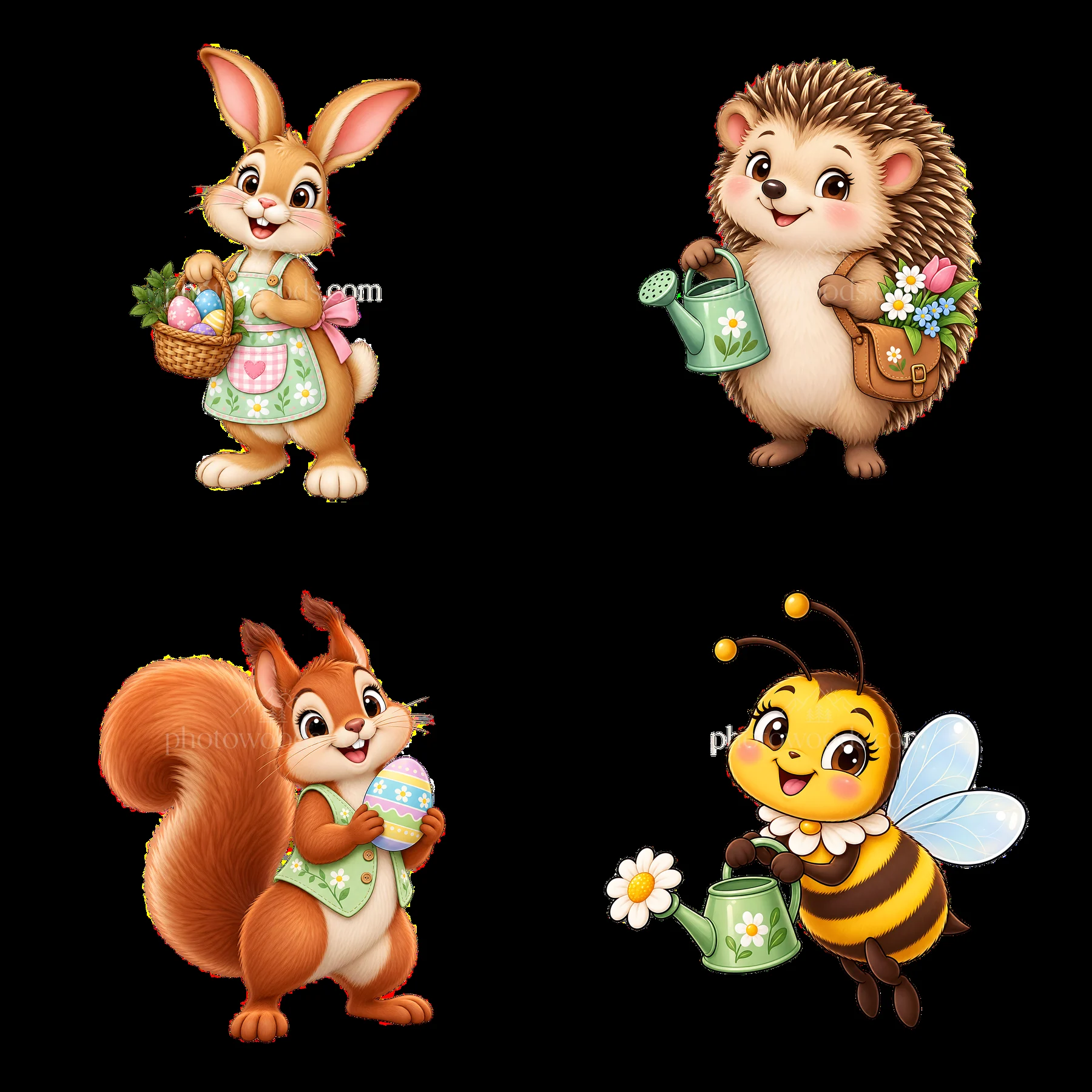 Easter characters in the meadow with basket, watering can, and eggs - AI-generated stock image