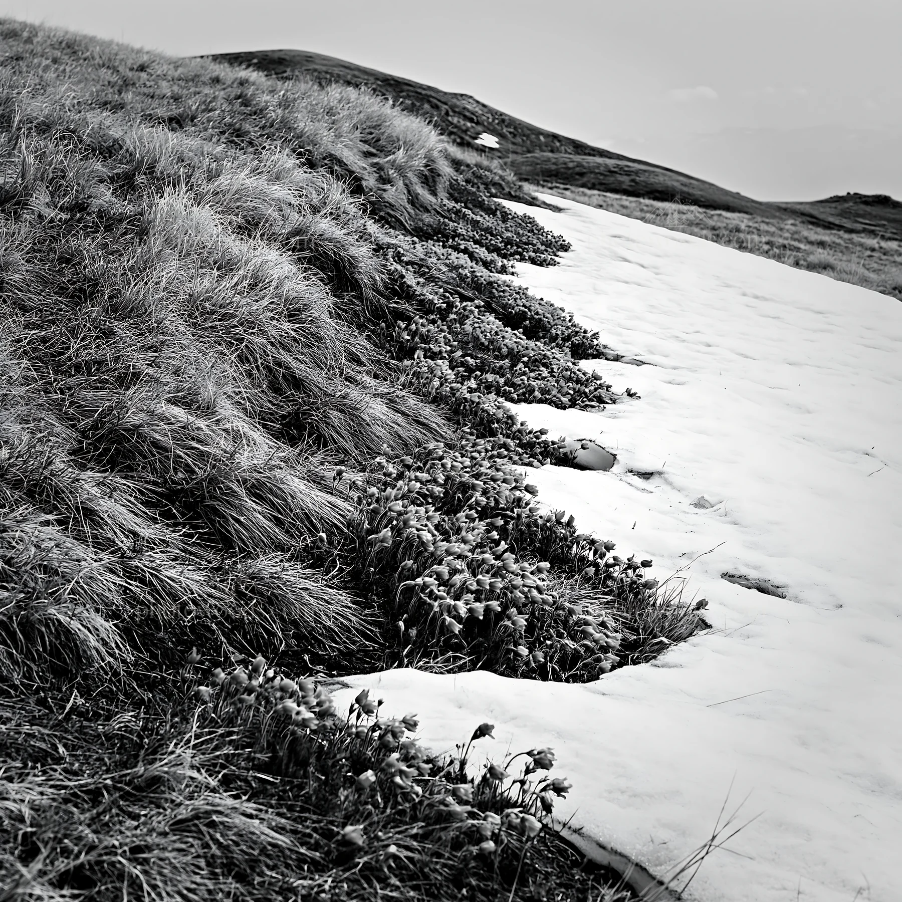 Snowy foothills with grass and flowers in winter - AI-generated stock image
