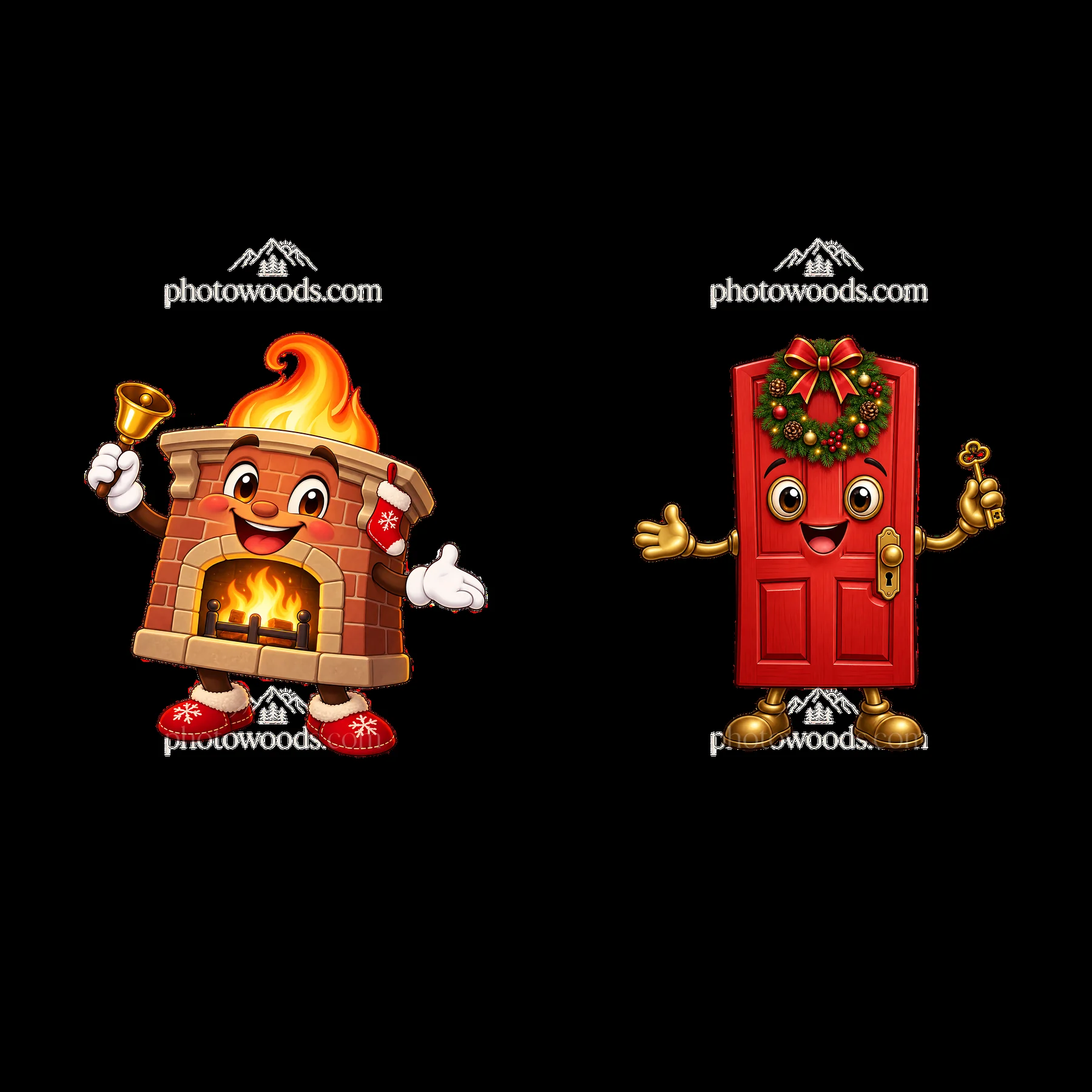 Cartoon fireplace and door characters for Christmas house design - AI-generated stock image