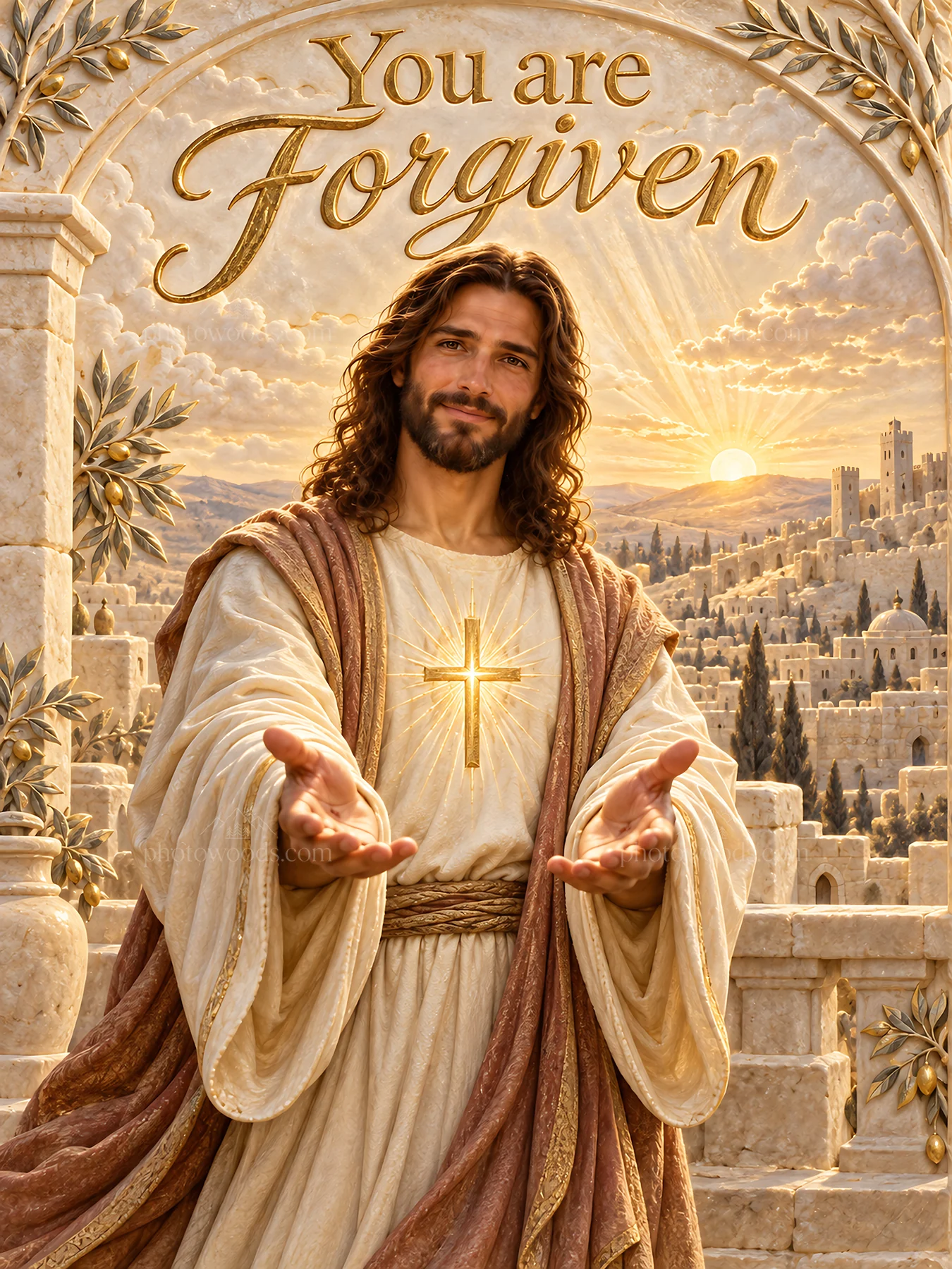 Jesus Christ offers forgiveness while welcoming the viewer - AI-generated stock image
