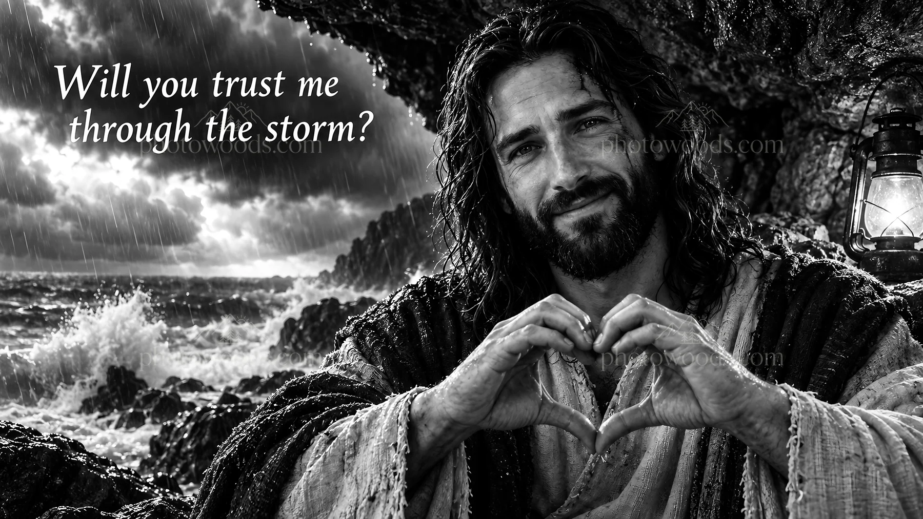 Jesus Christ asking for trust amid a storm - AI-generated stock image