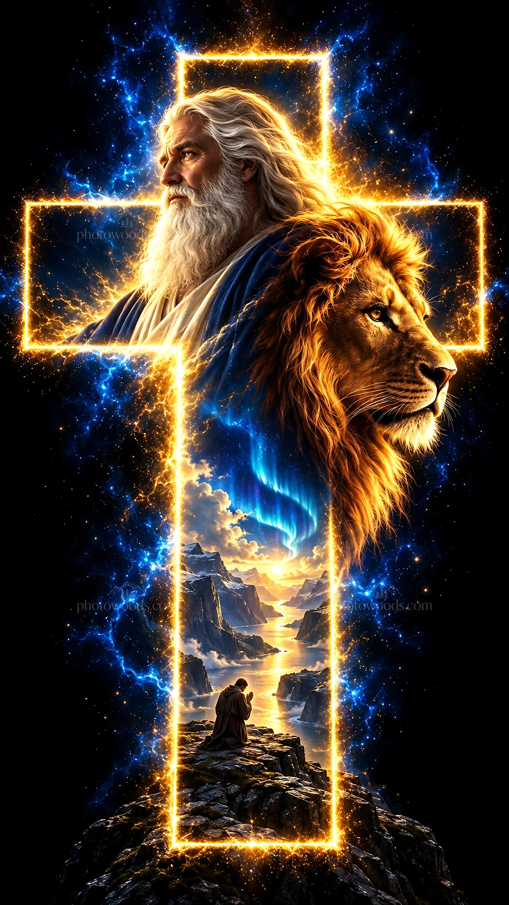 Jesus Christ with a lion and cross in a dramatic scene - AI-generated stock image