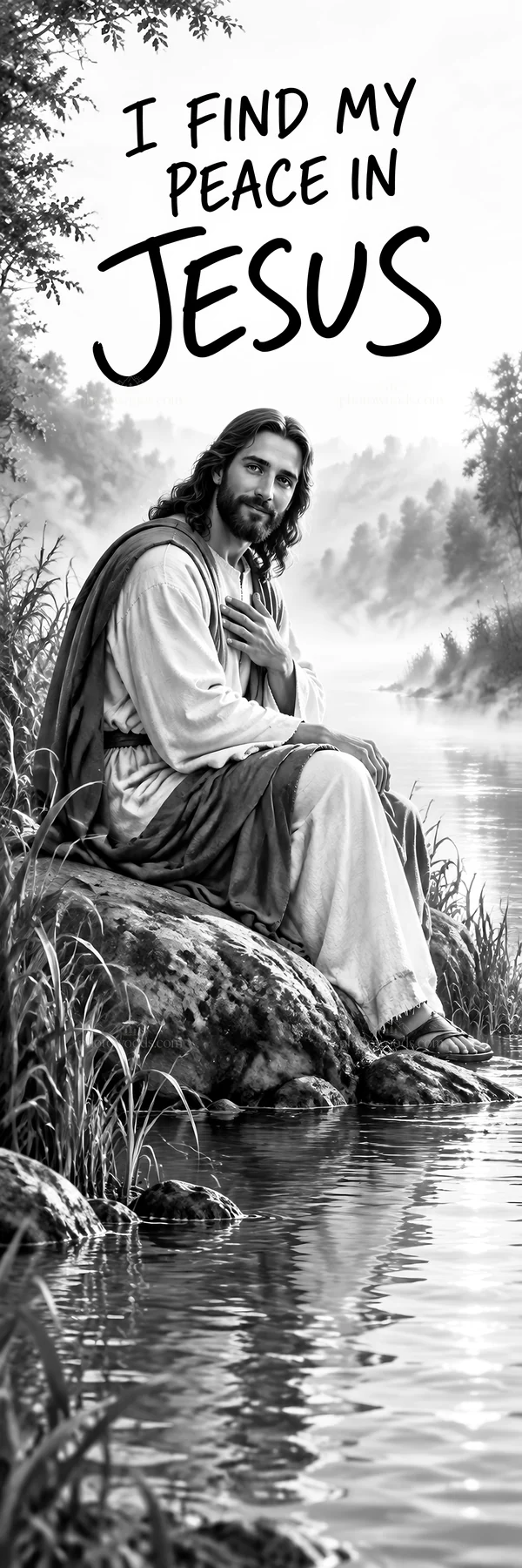 Jesus Christ sitting by the river offering comfort and peace - AI-generated stock image