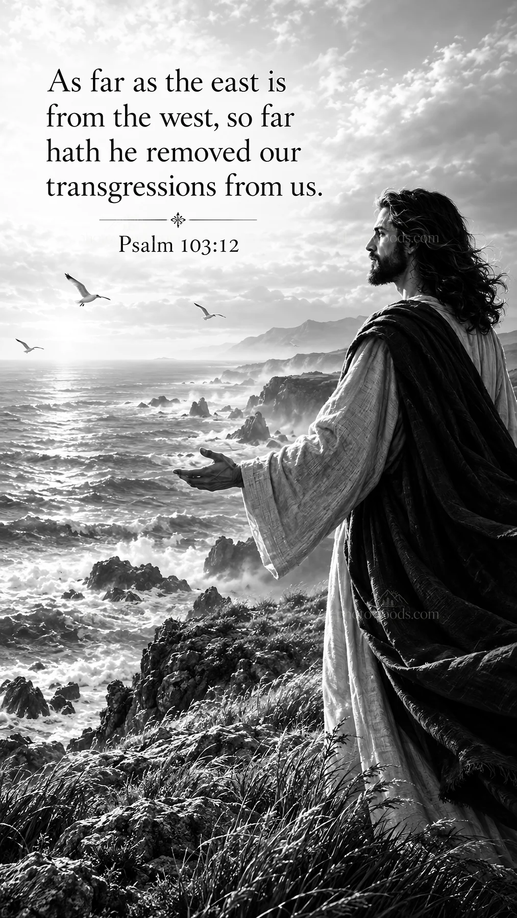 Jesus Christ teaching by the ocean with a Psalm quote - AI-generated stock image