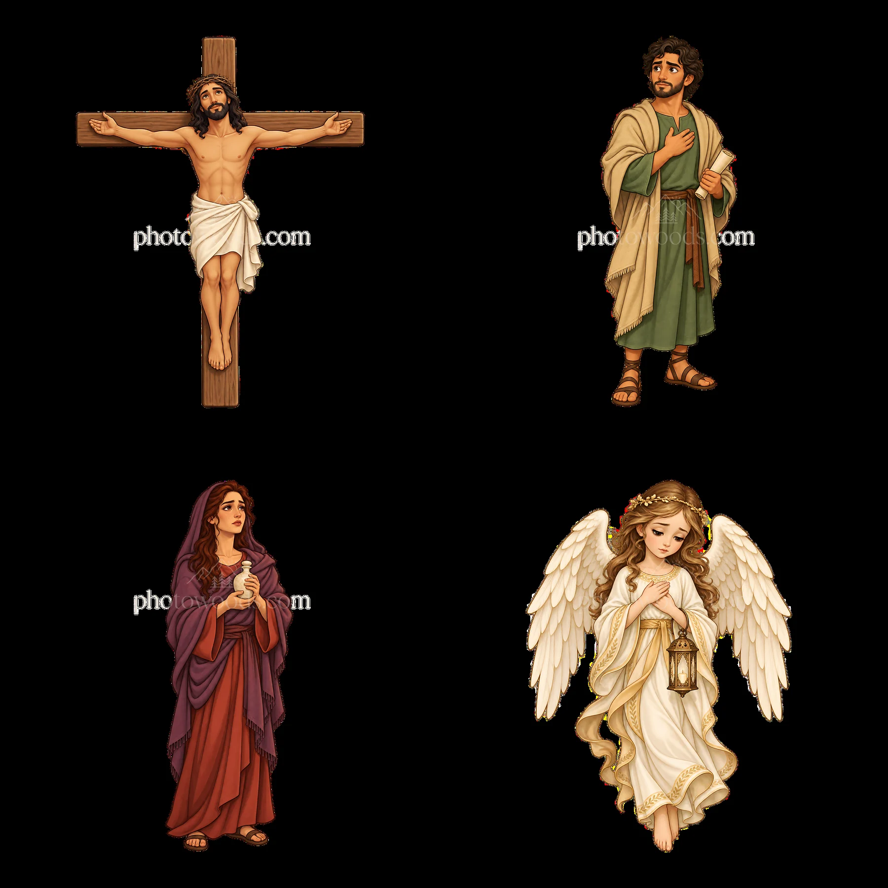 Jesus on the cross with angel, man, and woman in separate frames - AI-generated stock image
