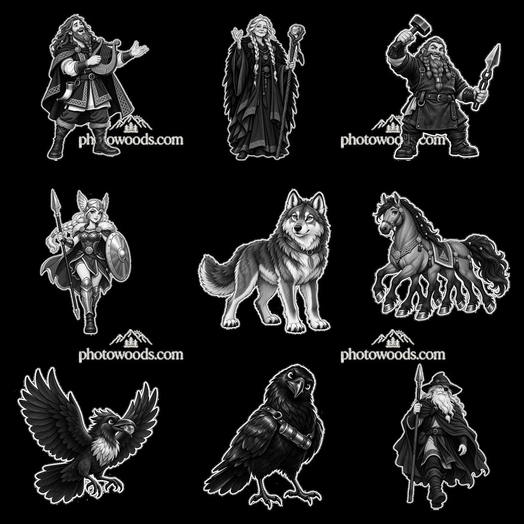 Odin the Norse All-Father and his companions in black-and-white - AI-generated stock image