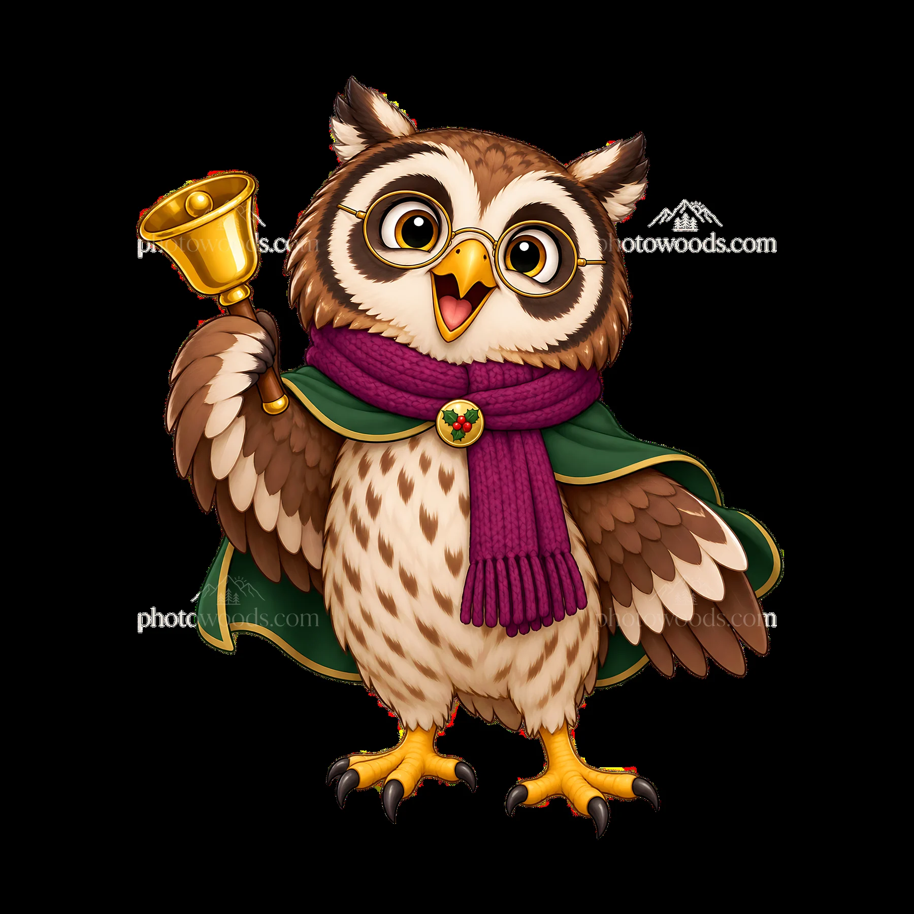 Christmas owl holding a bell and wearing a scarf with glasses - AI-generated stock image
