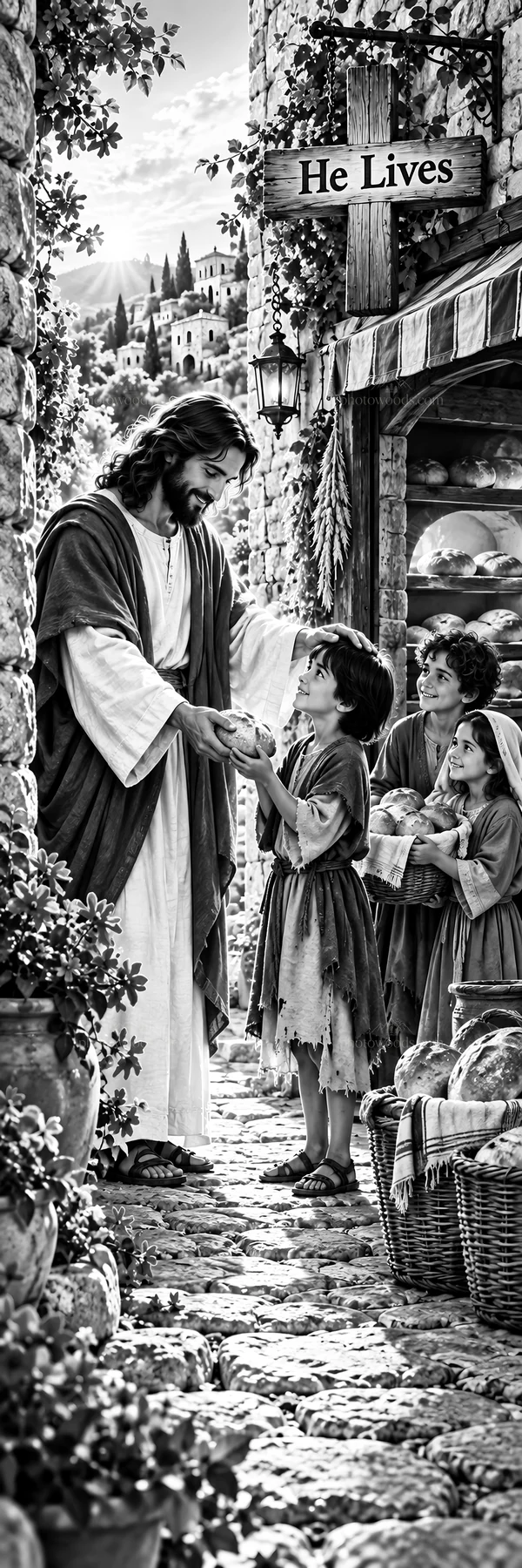 Jesus Christ sharing love with children in a village street - AI-generated stock image