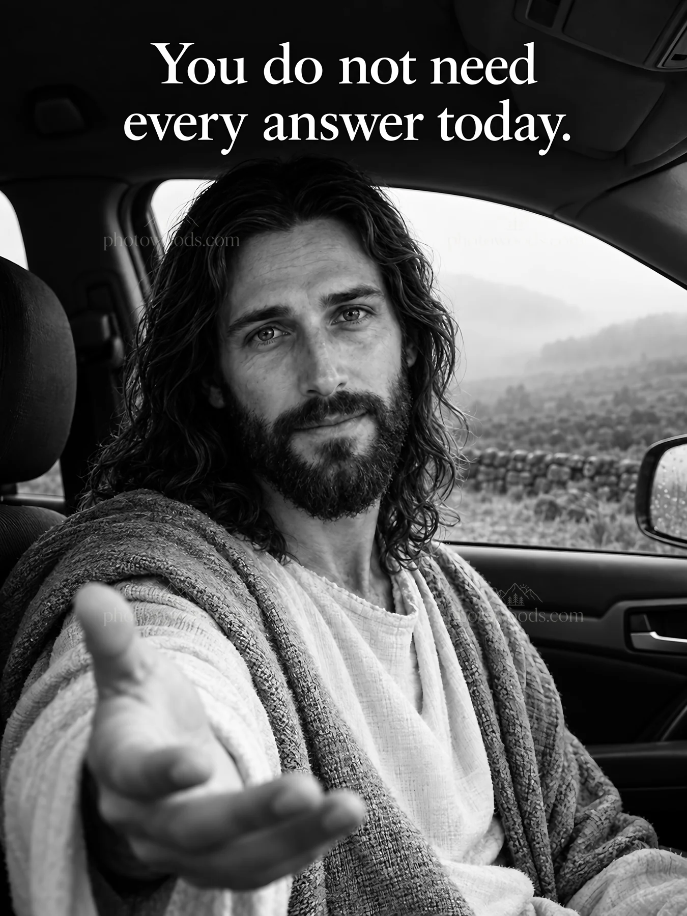 Jesus Christ offering comfort in a car setting - AI-generated stock image