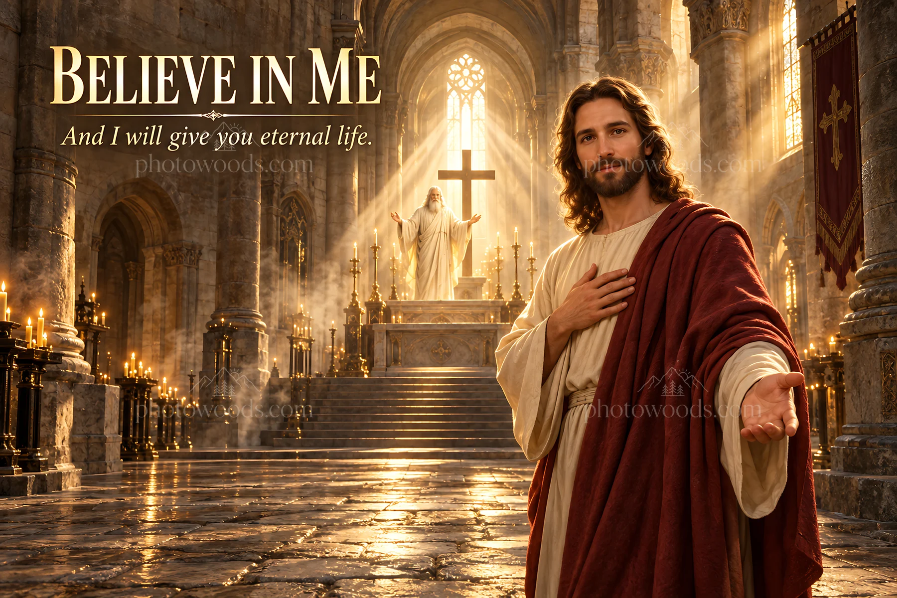 Jesus Christ welcoming the viewer in a grand cathedral setting - AI-generated stock image