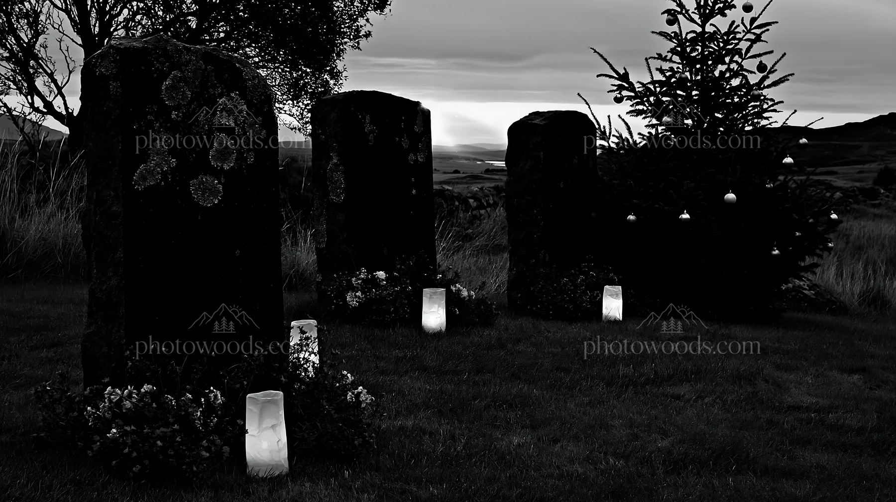 Twilight Christmas lanterns in meadow during cloudy evening - AI-generated stock image