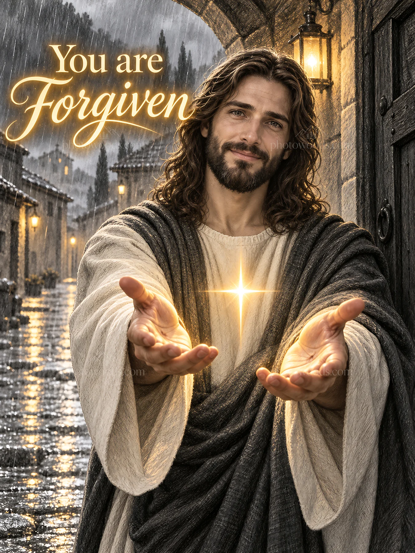 Jesus Christ offering forgiveness with open hands - AI-generated stock image