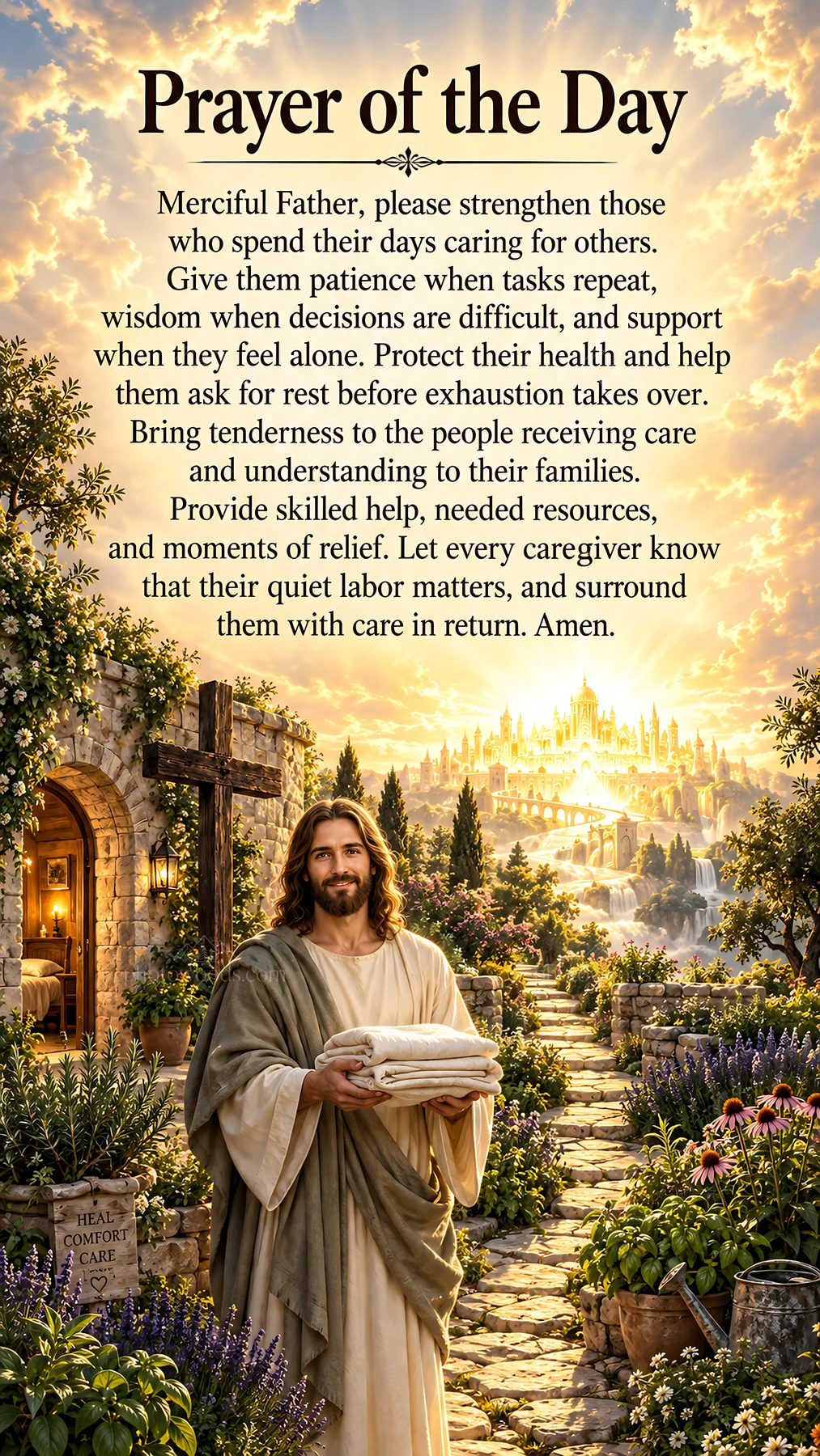Jesus Christ offering prayer and support in a serene garden - AI-generated stock image