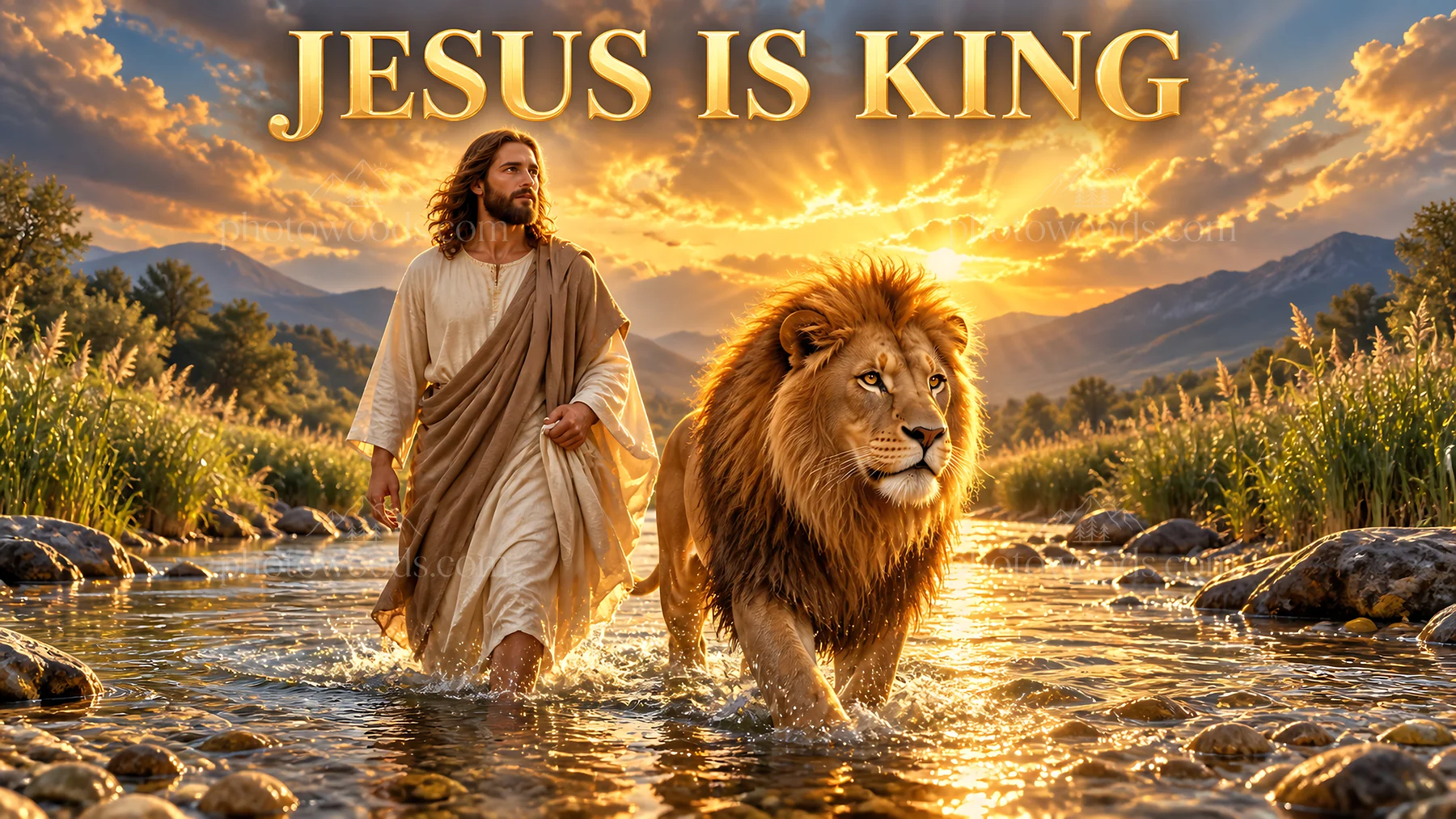 Jesus Christ walking with a lion near a river - AI-generated stock image