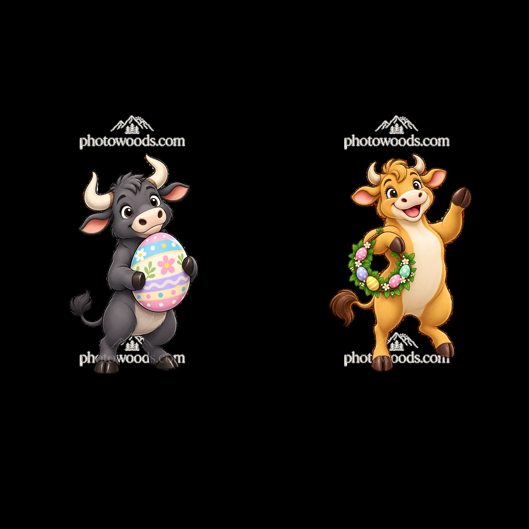 Easter ox characters with egg and flower wreath in celebration - AI-generated stock image