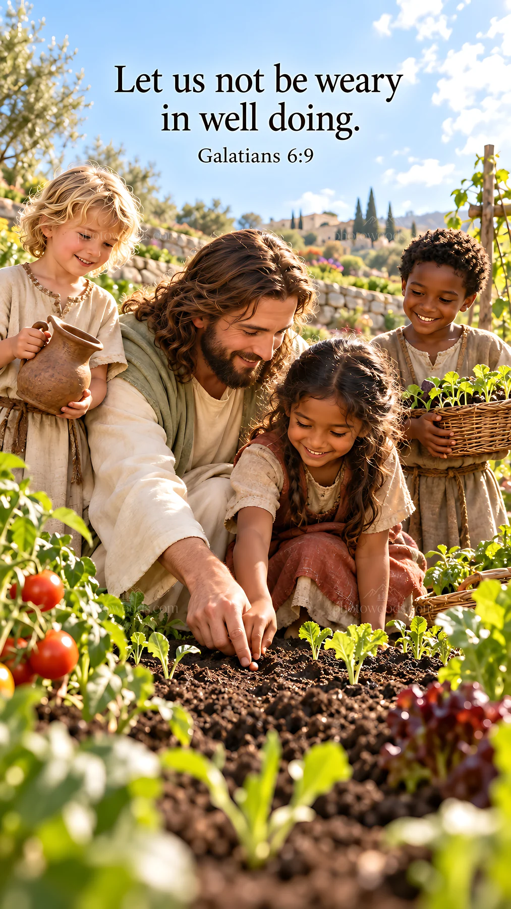 Jesus Christ teaching children in a garden setting - AI-generated stock image