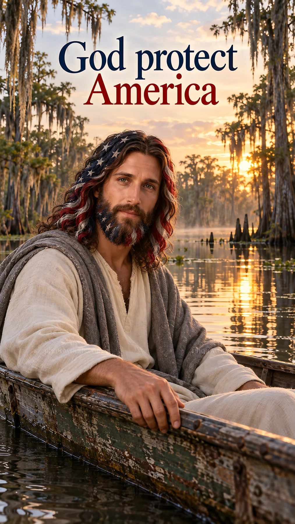 Jesus Christ in a boat on a river with a sunset background - AI-generated stock image