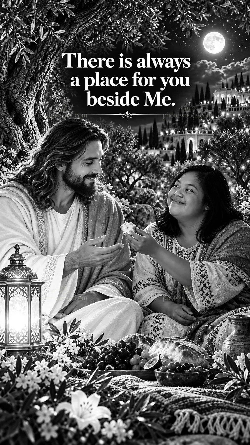 Jesus Christ sharing a meal with a companion - AI-generated stock image